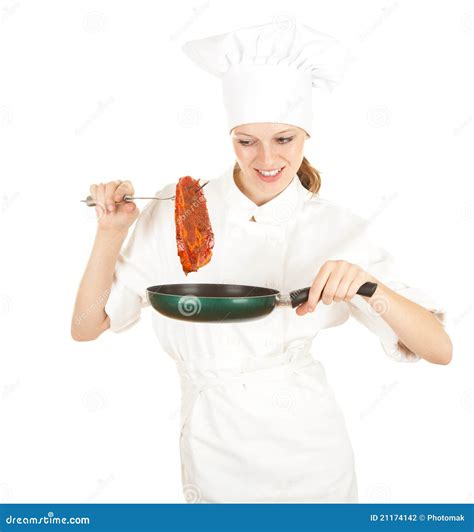 Vrouwelijke Chef Kok Met Vlees Stock Foto Image Of Eenvormig