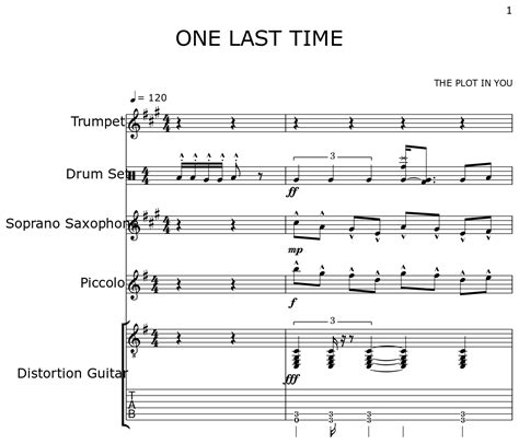 ONE LAST TIME - Sheet music for Trumpet, Drum Set, Soprano Saxophone, Piccolo, Distortion Guitar