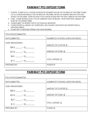 Fillable Online Pw Mtlaurelschools Parkway Pto Deposit Form Parkway