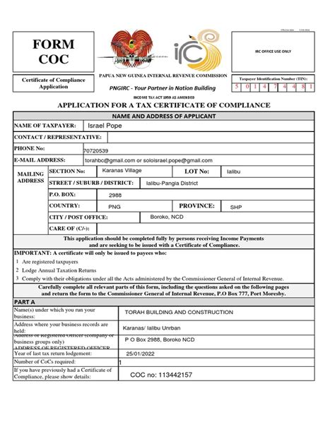 Form Coc Application Filed 7 2 2022 Pdf Internal Revenue