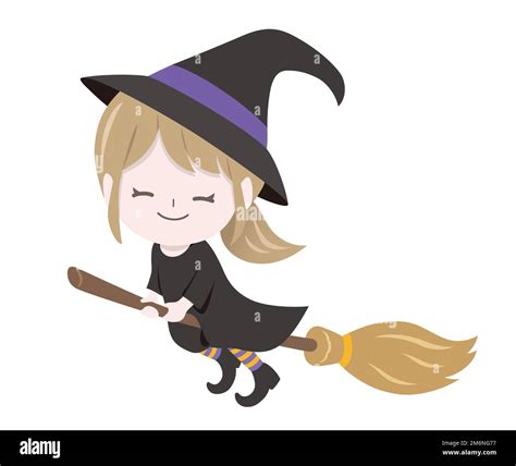 Cute Witch Flying On Magic Brooms Isolated On A White Background