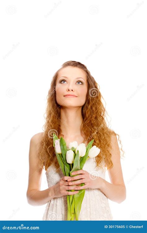 Happy Woman Holding Tulips Stock Image Image Of Beautiful 30175605