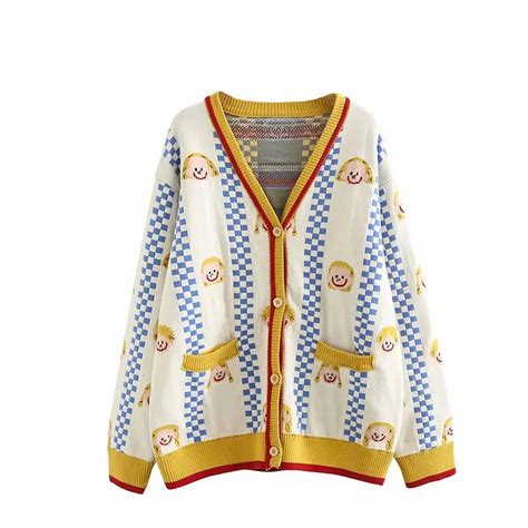 Women Cardigans Yellow Harakuju Cartoon Embroidery Single Breasted