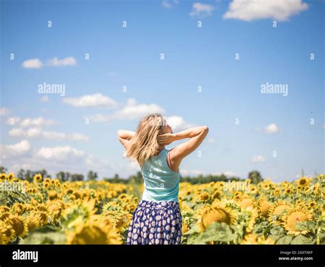 Beauty Sunlit Woman On Yellow Sunflower Field Freedom And Happiness