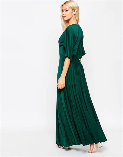 Asos Maxi Dress With Pleated Hem And Kimono Sleeve In Green Lyst