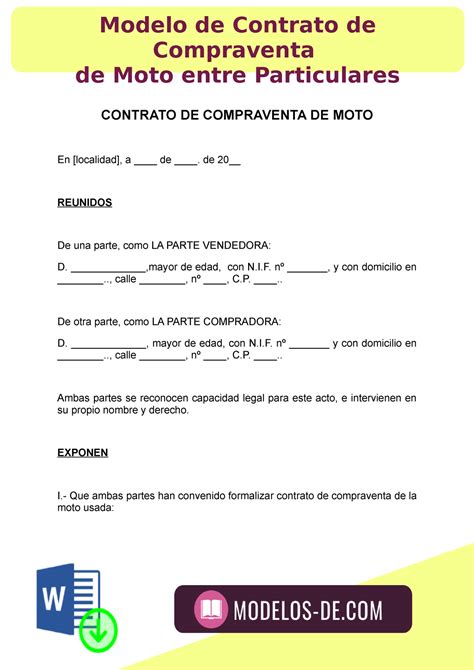 Modelo De Contrato De Compraventa De Moto CONTRATO DE COMPRAVENTA DE