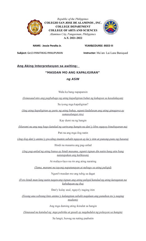 10. masdan mo ang kapaligiran - Republic of the Philippines COLEGIO SAN ...