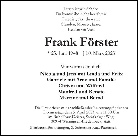 Traueranzeigen Von Frank F Rster Trauer Anzeigen De