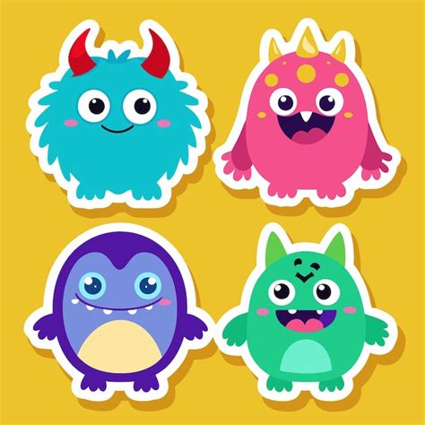 Four Cute Cartoon Monsters With Different Colors And Expressions On A