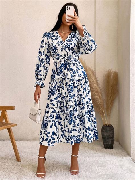 Shein Frenchy Vestido Cinto Impress O Floral Por Toda A Parte Manga