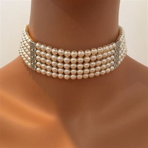 Multi Strand Pearl Necklace Horn Necklace Pearl Choker Necklace Necklace Set Rhinestone