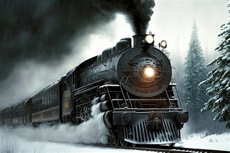 Locomotiva negra fumaça escura carrega trem expresso polar criado