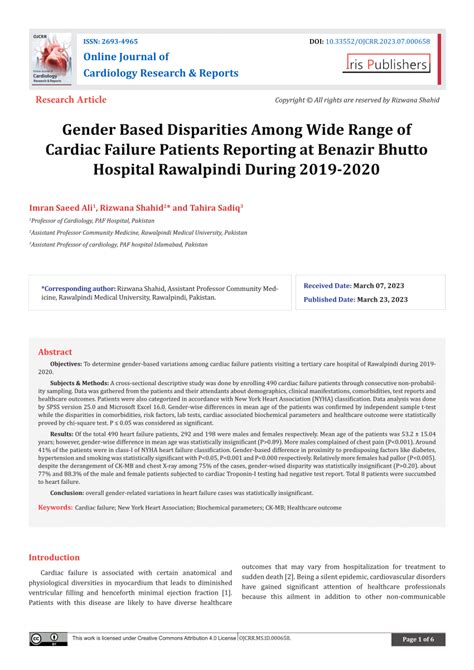 Pdf Gender Based Disparities Among Wide Range Of Cardiac Failure