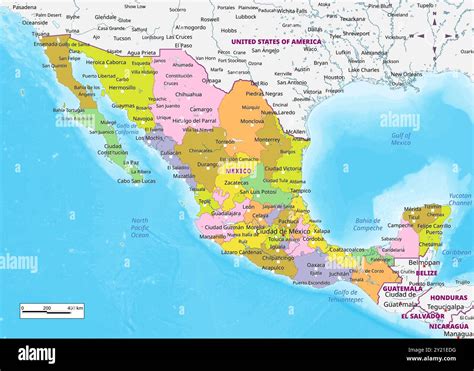 Mexico Political Map With Capital Cities Towns National Borders Rivers And Lakes Labeling