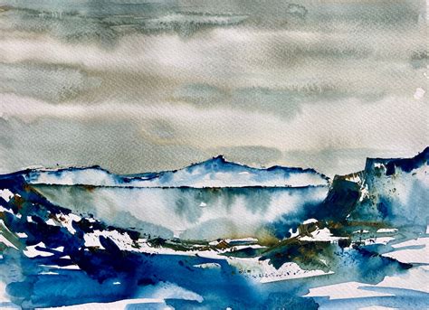 Original Watercolor Abstract Painting of Mountains and Sea of the North ...