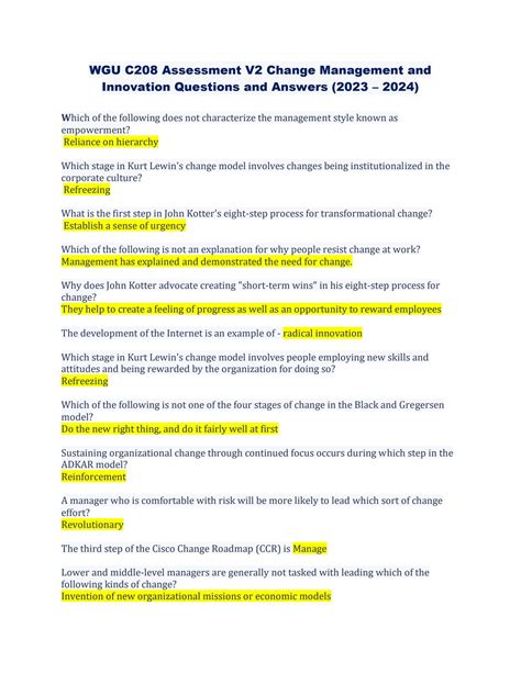 Solution Wgu C Assessment V Change Management And Innovation