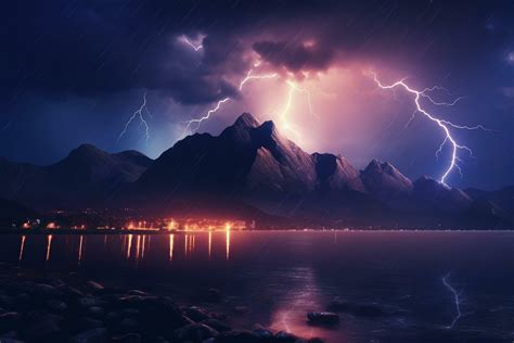 Beautiful Landscape With Mountains Lake And Lightning In The Night Ai