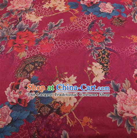 Chinese Traditional Peony Pattern Design Purplish Red Satin Watered