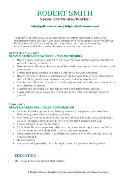 Server Bartender Resume Samples Qwikresume