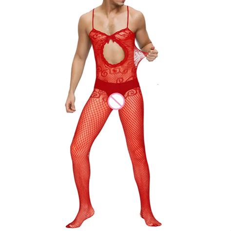 Elastic Spaghetti Strap Bodysuit Sexy Lingerie For Men With Fishnet And Bodystocking Erotic