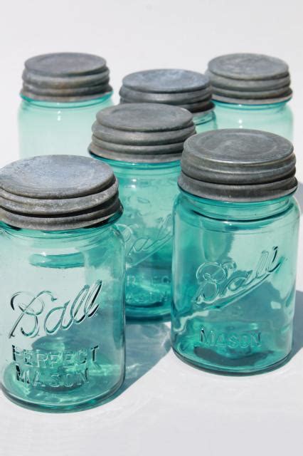 Vintage Ball Perfect Mason Aqua Blue Glass Pint Jars W Old Zinc Metal Lids