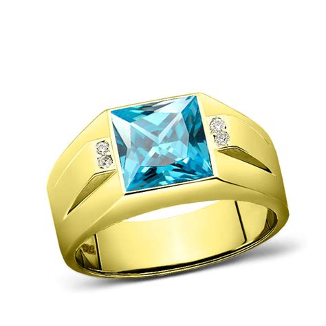 18k Gold Plated Solid Silver Mens Aquamarine Gemstone 4 Diamond Accent