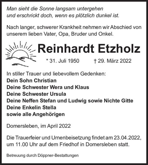 Traueranzeigen Von Reinhardt Etzholz Abschied Nehmen De