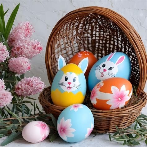 Una Colorida Canasta De Pascua Con Huevos Pintados Y Figuras De Conejos