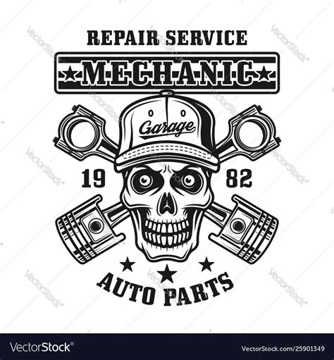 Mechanic Skull And Pistons Vintage Emblem Vector Image