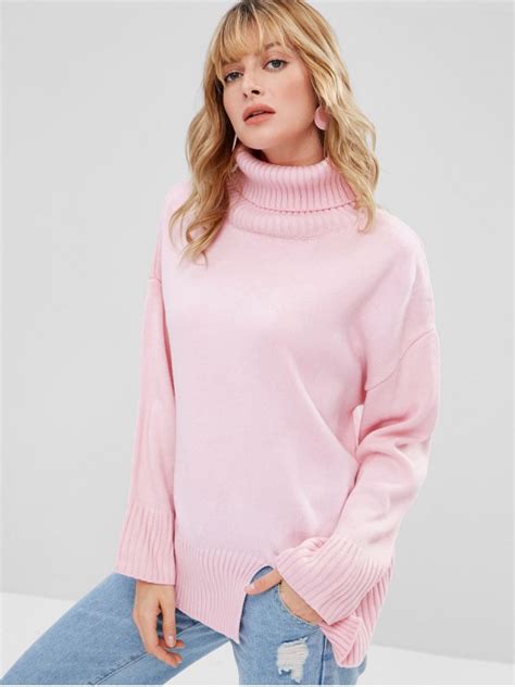 Slit Oversized Turtleneck Sweater In Pink Zaful 2024