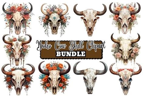 Boho Floral Cow Skull Watercolor Clipart Graphic By Craftsmaker · Creative Fabrica