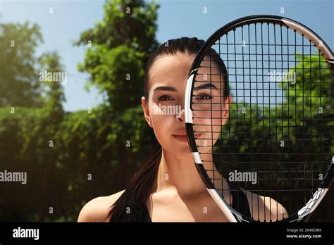 Beautiful Woman With Tennis Racket On Court Stock Photo Alamy