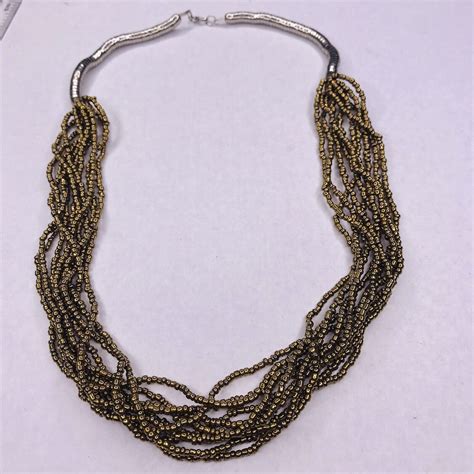 Multi Strand Bronze Seed Bead Necklace Silver Tone Fl Gem