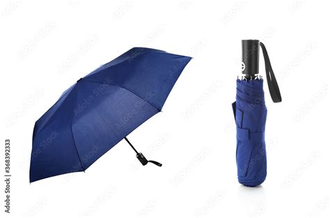 Blank Blue Foldable Umbrella For Mock Up Isolated On White Background