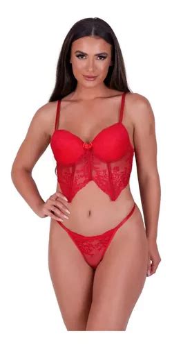 Conjunto De Lingerie Corpete Calcinha Fio Dental Pingente