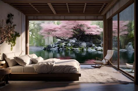 Premium AI Image | a bedroom wall mural with a tranquil japanese garden