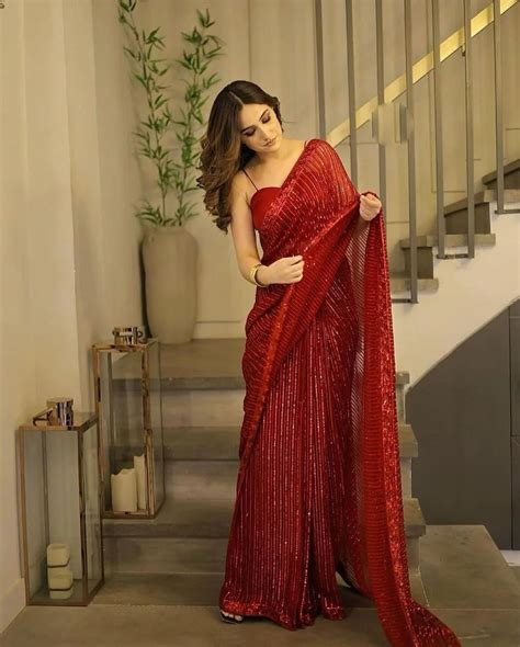 Perfect Red Color Georgette Heavy Sequins Embroidery Saree