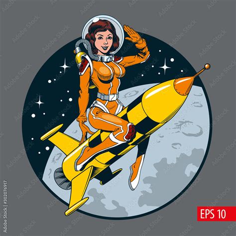 A Vintage Comic Style Sexy Astronaut Woman In Space Suit And Helmet Riding A Rocket Vector