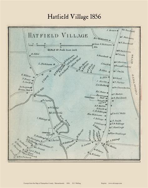 Hatfield Village Massachusetts 1856 Old Town Map Custom Print Hampshire Co Old Maps