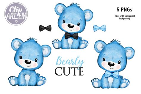 Cute Baby Blue Teddy Boy Bear watercolor 5 PNG Clip Art images By ...