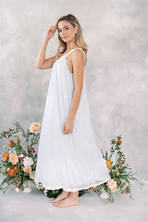 Vtg 70s Blue Lingerie Nightgown Slip Dress Boudoir Lace Etsy