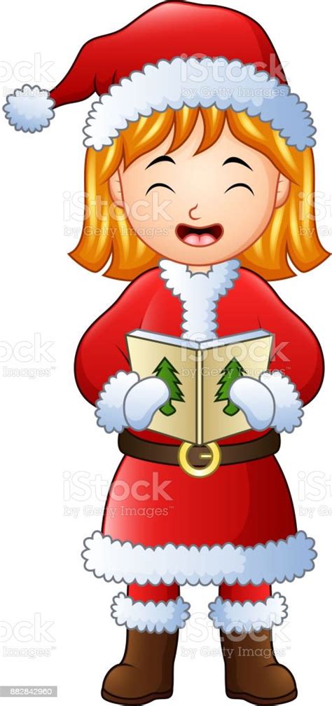 Cartoon Girl Singing Christmas Carols Isolated On White Background