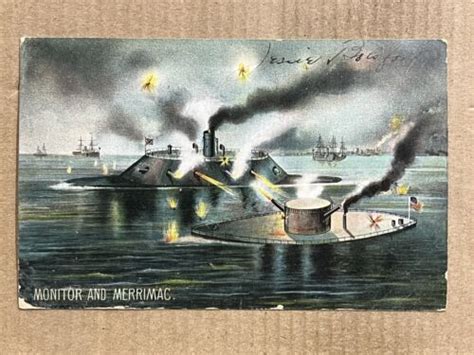 Postcard Civil War Naval Battle Uss Monitor Merrimack Navy Ships