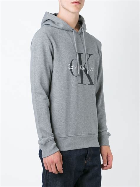 Calvin Klein Logo Print Hoodie In Grey Gray For Men Lyst