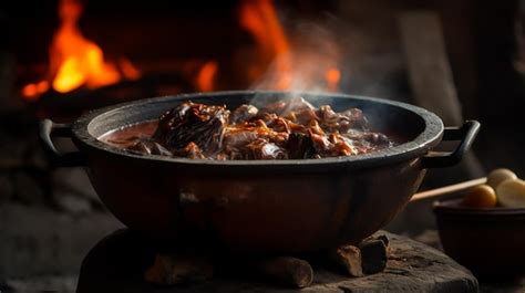 Premium Ai Image Beef Stew Cooked Over A Wood Stove Is Cooked In A Thick Broth An Iron Pot