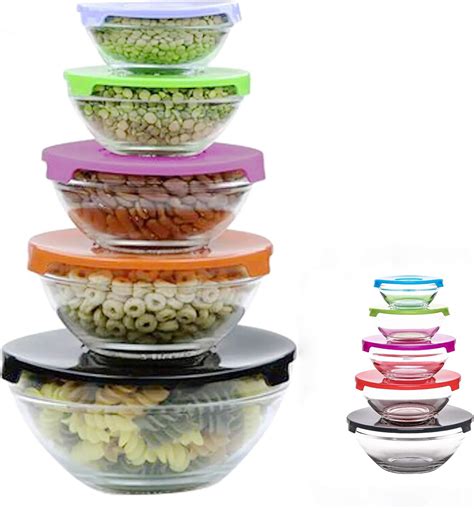 Adeptna Multi Colour 5pcs Glass Food Storage Bowls With Lids Stackable Glass Bowls Set Ideal