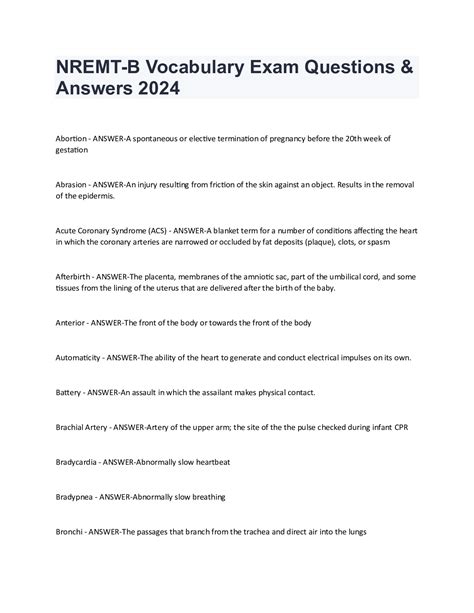 NREMT B Vocabulary Exam Questions Answers 2024 DocMerit