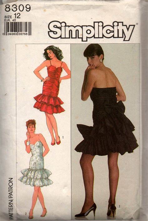 Simplicity 8309 Womens Flounced Ruched Or Strapless Evening Dress 80s Vintage Sewing Pattern S