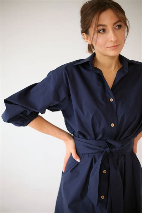 Shirt Dress With Belt Navy Blue Dress 3 4 Puffy Sleeves Etsy