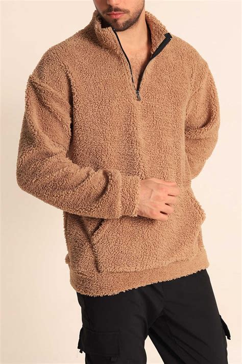 Vizon Oversize Yarım Fermuar Kanguru Cepli Kuzu Polar Sweatshirt 218472